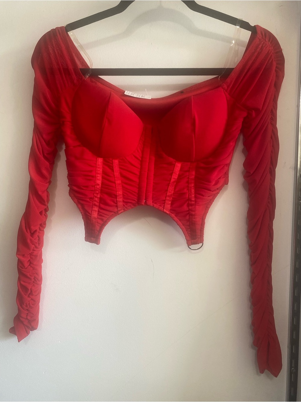 Red Ruched Long-Sleeve Corset Top and skirt set